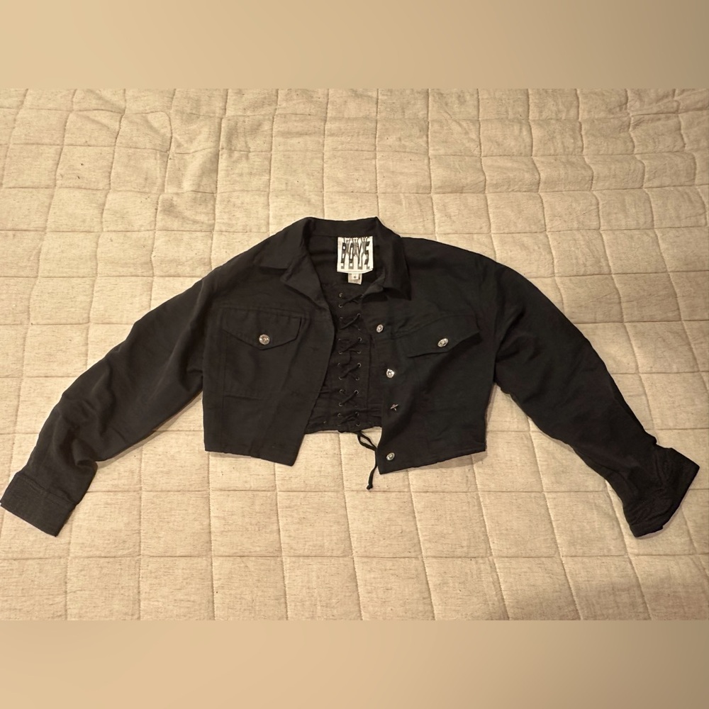 Black denim cropped bomber jacket